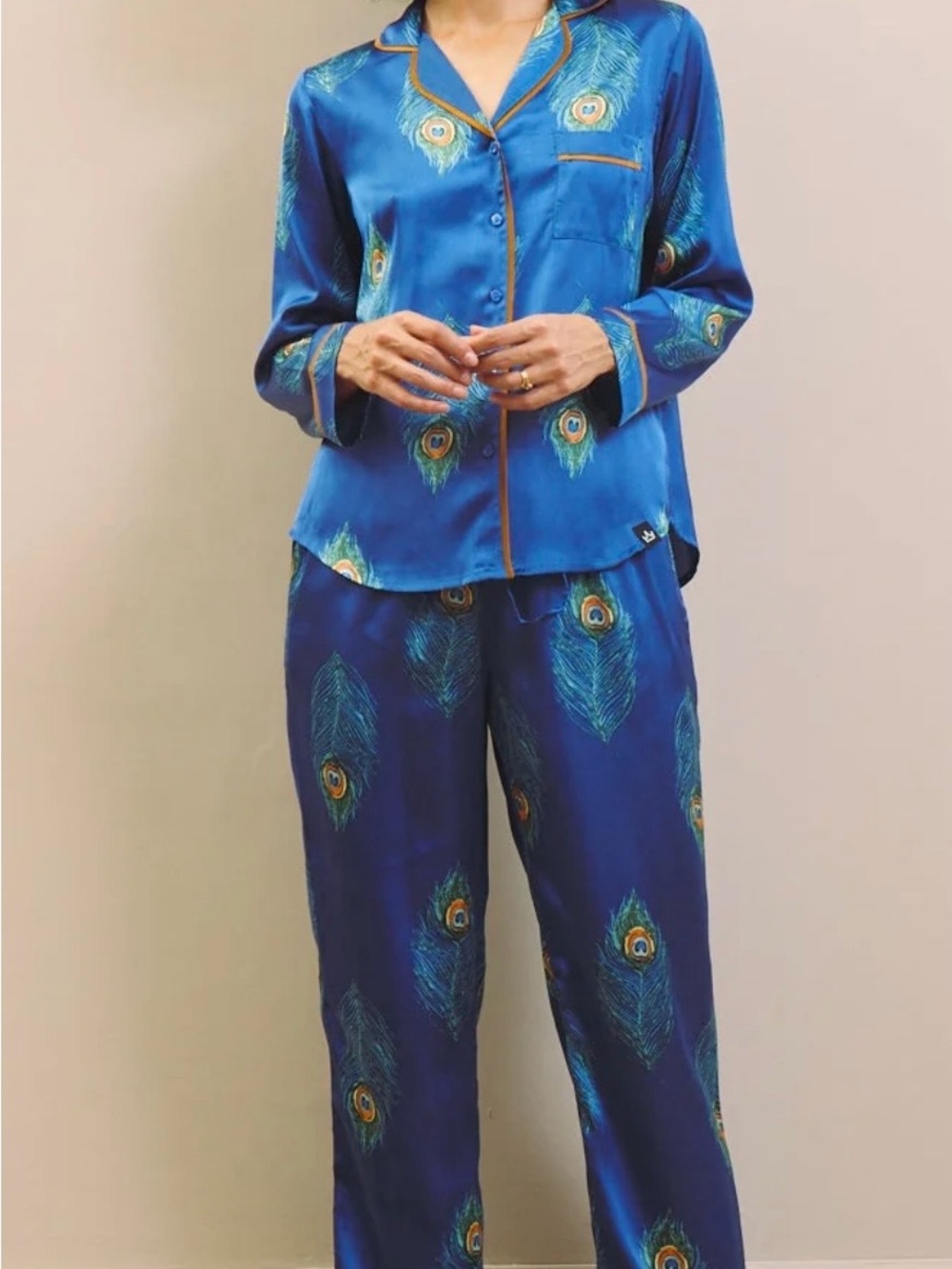 Their Nibs Womens Satin Oversized Pajamas Navy Peacock Feather Size Small - Picture 4 of 8